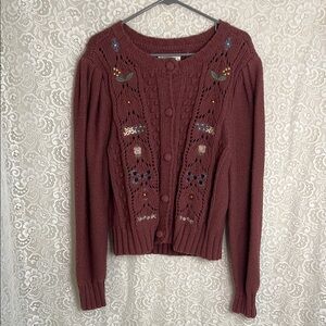Lucky Brand Burgundy Embroidered Cardigan